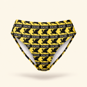 Yellow bikini bottom with black DOE print