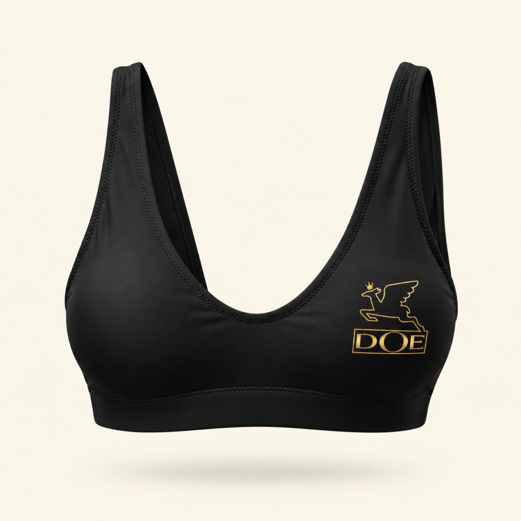 Black bikini top with gold DOE logo