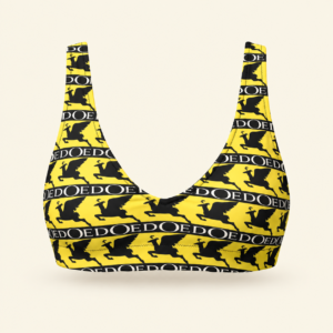 Yellow bikini top with black DOE print