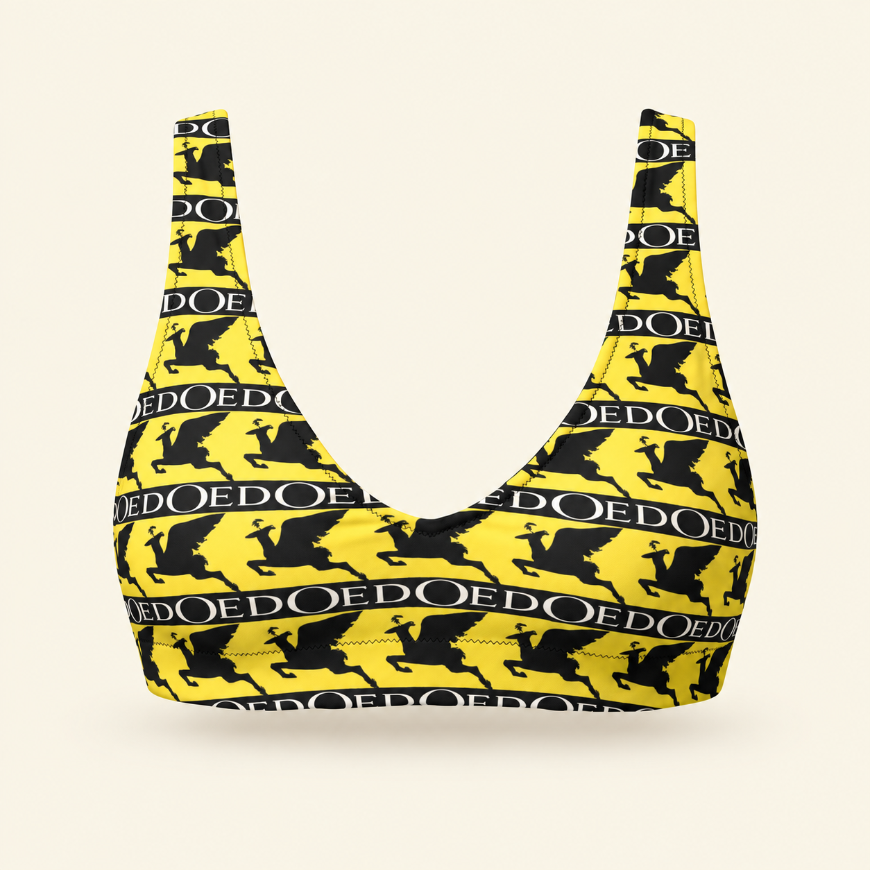 Yellow bikini top with black DOE print